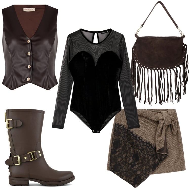 Outfit donna - Trasparenze e pizzo. Stile Glamour per Serata fuori. Abbinamento con body, gilet, borse a tracolla, minigonne, stivali.