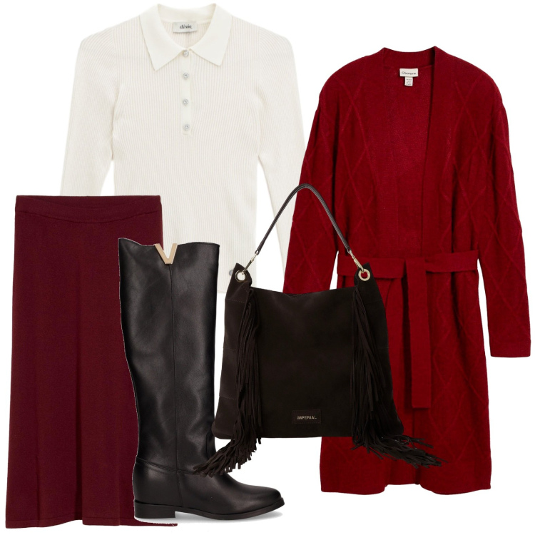 Outfit donna - Il cardigan protagonista. Stile Glamour per Ufficio. Abbinamento con gonne, cardigans, maglieria, borse a spalla, stivali.