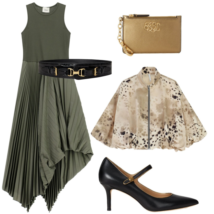 Outfit donna - Asimmetria alternativa. Stile Military per Serata fuori. Abbinamento con bomber, vestiti lunghi, portafogli, cinture, décolleté.