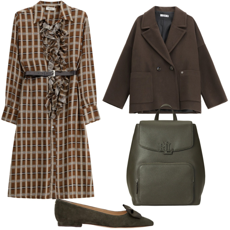 Outfit donna - L\'abito con rouches. Stile Military per Ufficio. Abbinamento con cappotti, vestiti midi/longuette, ballerine, zaini.