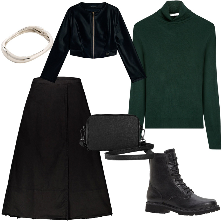 Outfit donna - Cena casual. Stile Casual per Serata fuori. Abbinamento con borse a tracolla, braccialetti, stivaletti, maglieria, blazer, gonne lunghe.