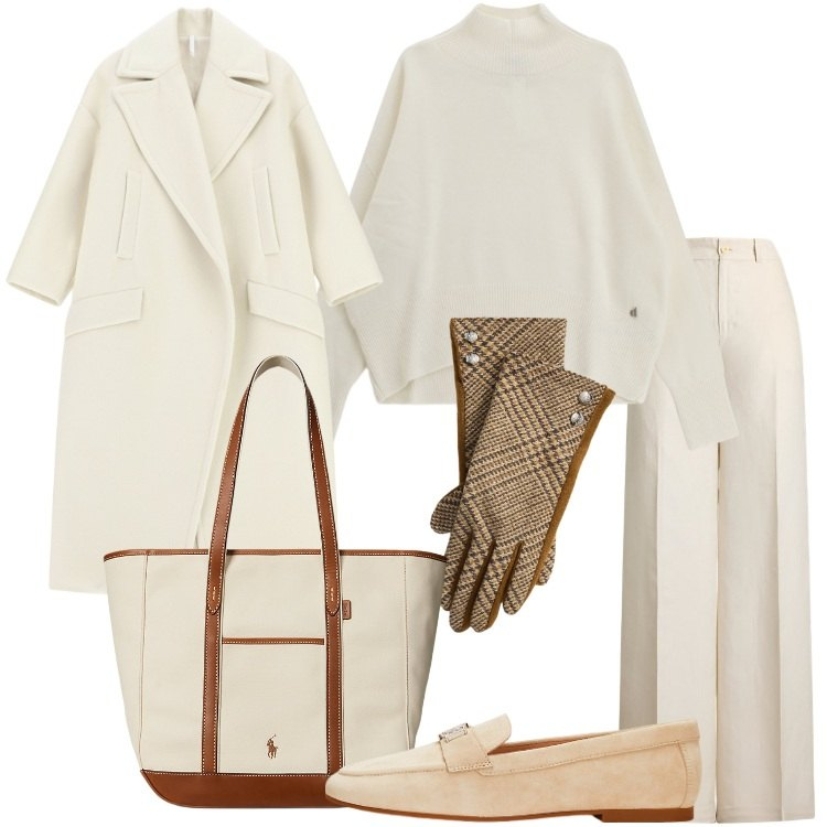 Outfit donna - Minimal autunnale. Stile Minimal per Tutti i giorni. Abbinamento con cappotti, maglieria, mocassini, borse tote, pantaloni, guanti.