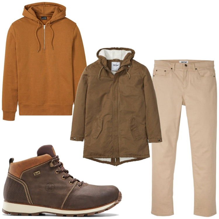 Outfit homme - Marron d automne. Style Tendance pour Tous les jours. Assortir avec bottes, manteaux, jean coupe droite, sweats à capuche.