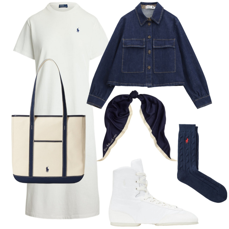 Outfit donna - Bianco e blu. Stile Sporty chic per Tutti i giorni. Abbinamento con blazer, calzini, ballerine, vestiti, foulard, borse tote.