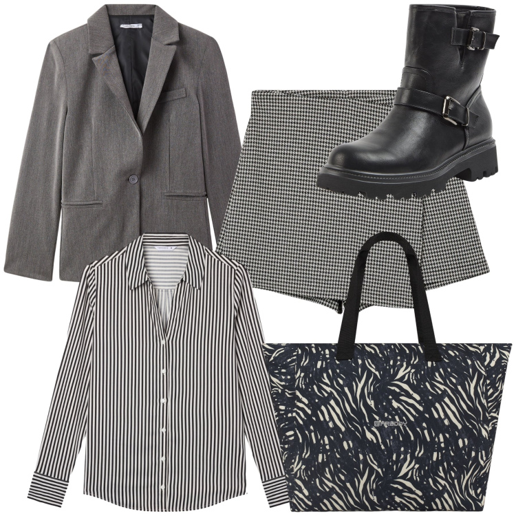Outfit donna - Città. Stile Urban per Tutti i giorni. Abbinamento con minigonne, stivaletti, blazer, camicie, shopping bag.