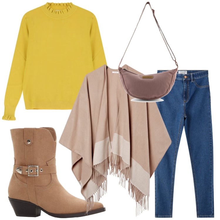 Outfit donna - Senape outfit. Stile Glamour per Tutti i giorni. Abbinamento con stivaletti texani, cappe, jeggings, maglieria, borse a tracolla.