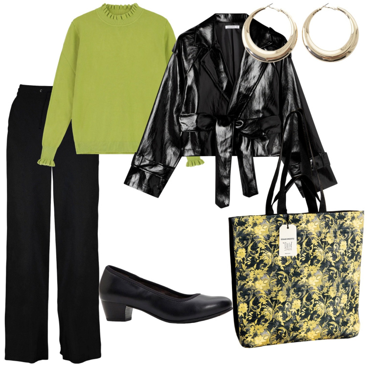Outfit donna - Al mercato di sabato. per Tutti i giorni. Abbinamento con décolleté, pantaloni a palazzo, giacche, borse tote, maglieria, orecchini.