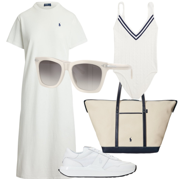 Outfit donna - Sporty chic. Stile Sporty chic per Tutti i giorni. Abbinamento con sneakers, vestiti, borse tote, occhiali da sole, body.