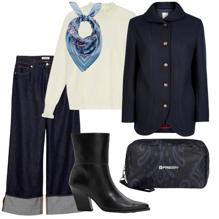 Outfit donna - Passeggiata lungo mare. per Mare. Abbinamento con jeans, foulard, stivaletti, maglieria, valigie, blazer.