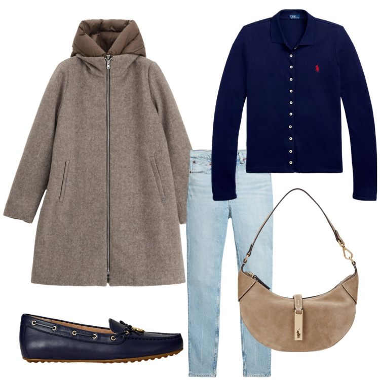 Outfit donna - Mocassini contemporanei. Stile Basic per Ufficio. Abbinamento con piumini, mocassini, jeans slim fit, borse a spalla, polo.