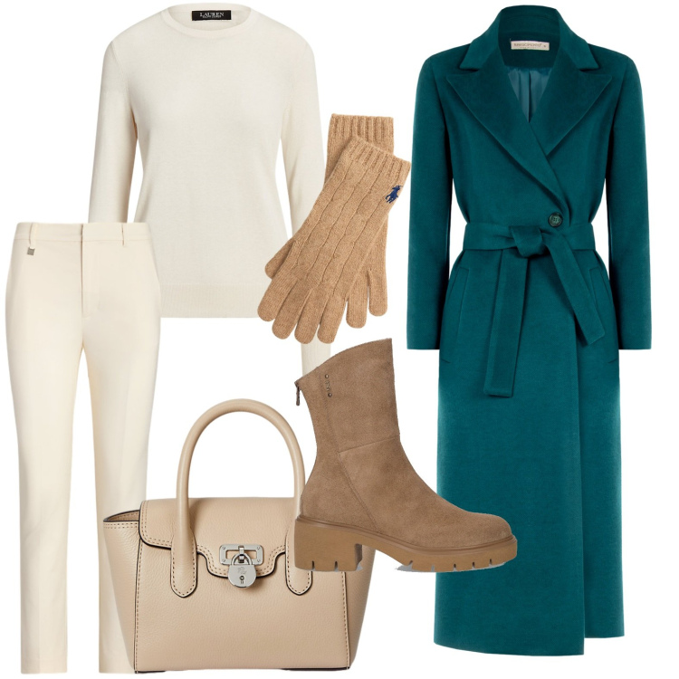 Outfit donna - Il cappotto bon ton. Stile Casual chic per Ufficio. Abbinamento con cappotti, pantaloni, maglieria, borse a mano, guanti, stivaletti.