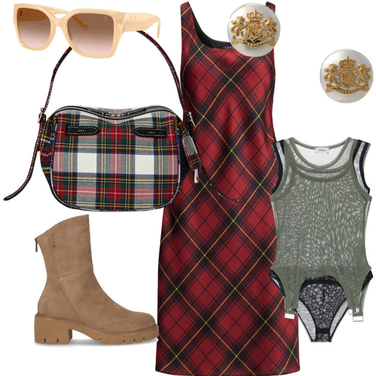 Outfit donna - Total look. Stile Trendy per Tutti i giorni. Abbinamento con body, vestiti senza maniche, orecchini, occhiali da sole, borse a mano, stivaletti.