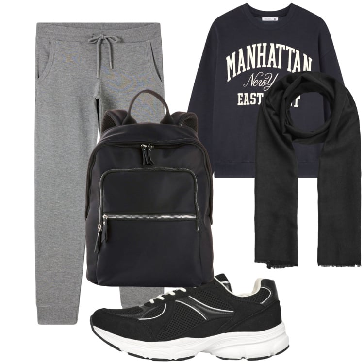 Outfit donna - Central park. Stile Casual per Tutti i giorni. Abbinamento con zaini, sneakers, felpe, foulard, pantaloni.