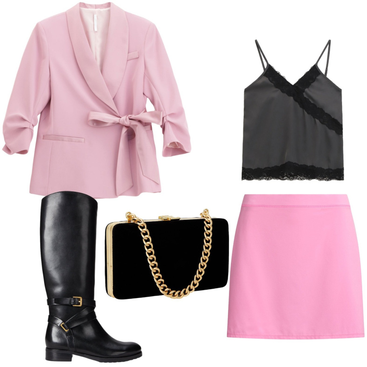 Outfit donna - Occasione serale. Stile Casual per Serata fuori. Abbinamento con top, blazer, minigonne, clutch, stivali.