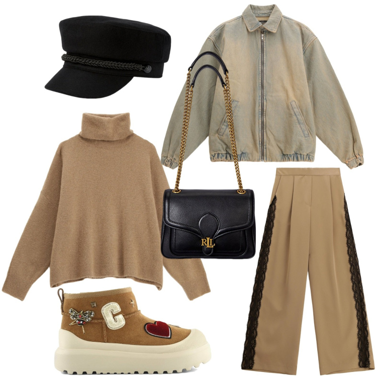 Outfit donna - Look urban chic. Stile Urban per Tutti i giorni. Abbinamento con maglieria, bomber, pantaloni a palazzo, cappelli, borse a spalla, stivali.