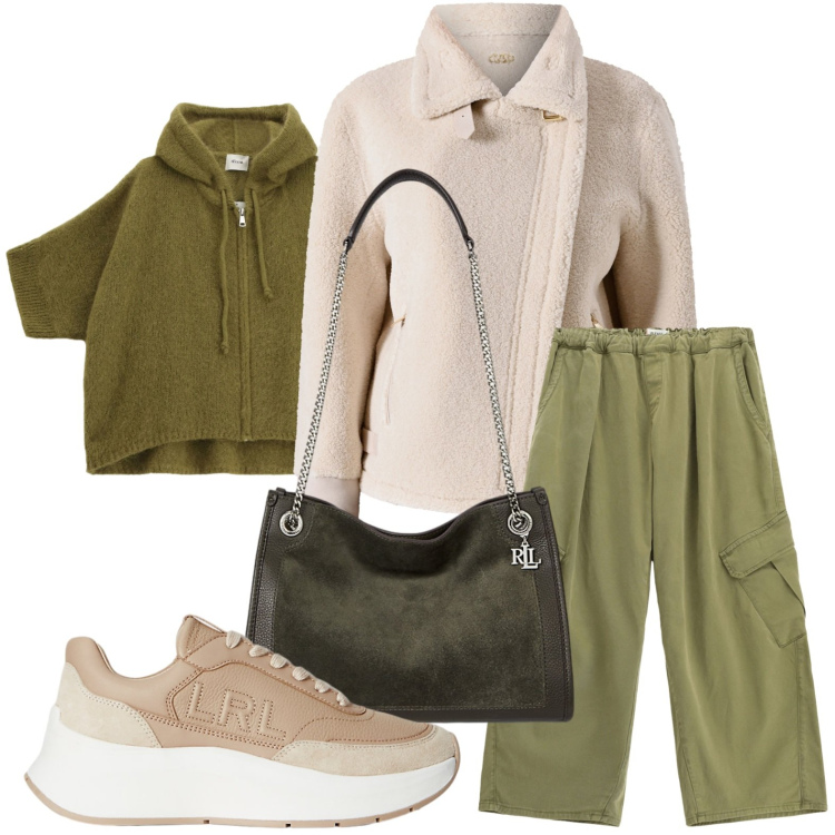 Outfit donna - Colori autunnali. Stile Urban per Scuola/Università. Abbinamento con pantaloni cargo, ecopellicce, cardigans, sneakers, borse tote.