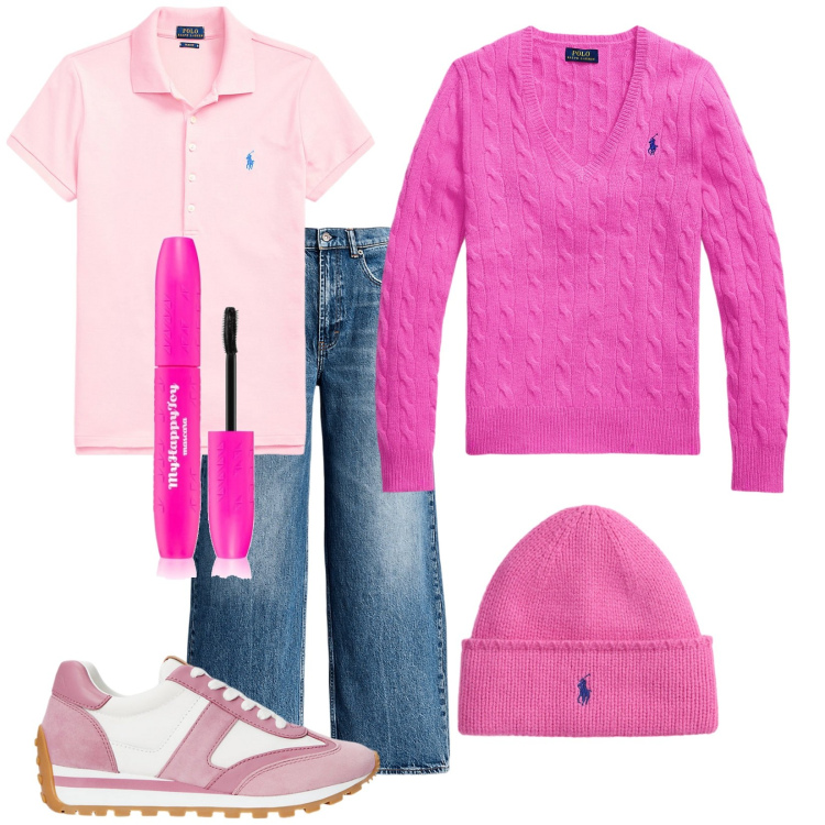 Outfit donna - Autunno pink. Stile Trendy per Tutti i giorni. Abbinamento con mascara, jeans, polo, sneakers, berretti, maglieria.