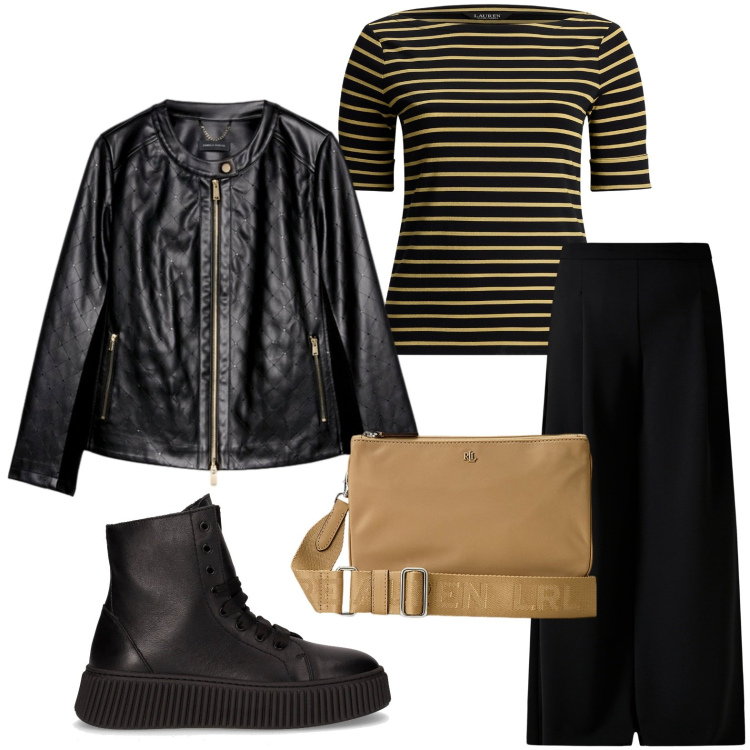 Outfit donna - Giacca in pelle raffinata. Stile Casual per Scuola/Università. Abbinamento con pantaloni a palazzo, borse a tracolla, t-shirt, anfibi, giacche.
