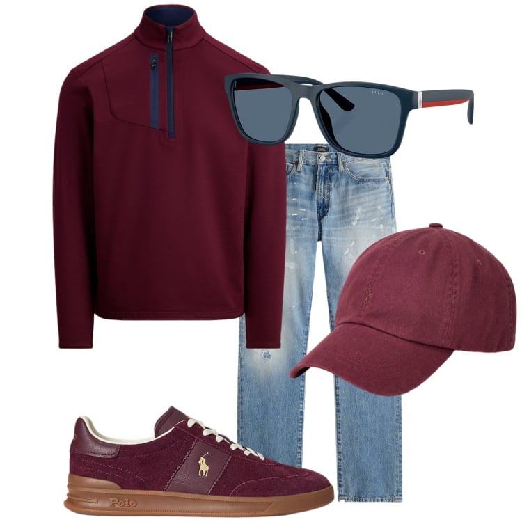 Outfit uomo - Total look #2262513. Stile Trendy per Tutti i giorni. Abbinamento con occhiali da sole, cappelli, sneakers, pullovers, jeans dritti.