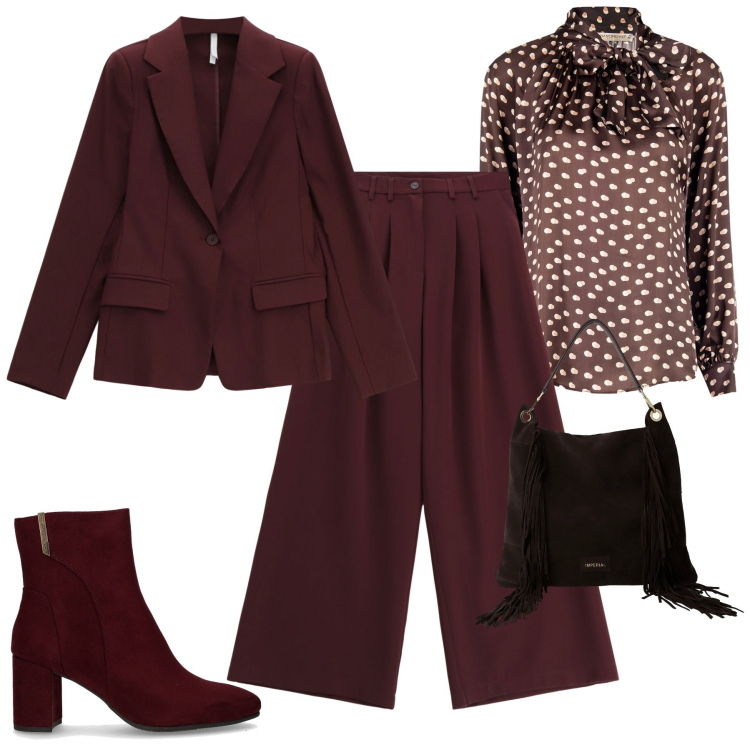 Outfit donna - Fall. Stile Trendy per Tutti i giorni. Abbinamento con pantaloni, bluse, blazer, borse a spalla, stivaletti.