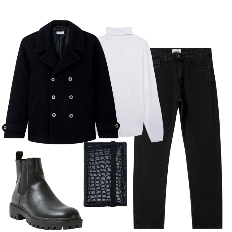 Outfit uomo - City. Stile Urban per Tutti i giorni. Abbinamento con stivali e stivaletti, cappotti, maglieria, jeans dritti, portafogli.