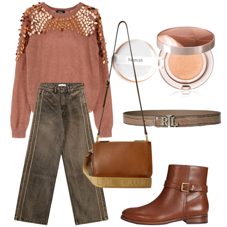 Outfit donna - Total look #2262519. Stile Glamour per Tutti i giorni. Abbinamento con fondotinta, jeans, pullovers, stivaletti, borse a tracolla, cinture.