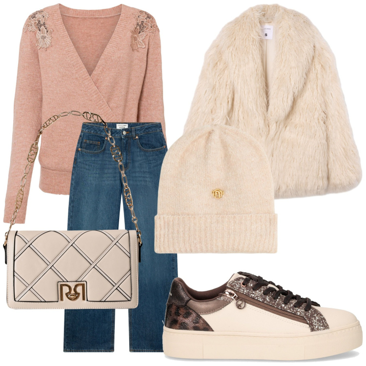 Outfit donna - Total look #2262521. Stile Romantica per Scuola/Università. Abbinamento con maglieria, jeans, ecopellicce, borse a tracolla, berretti, sneakers.