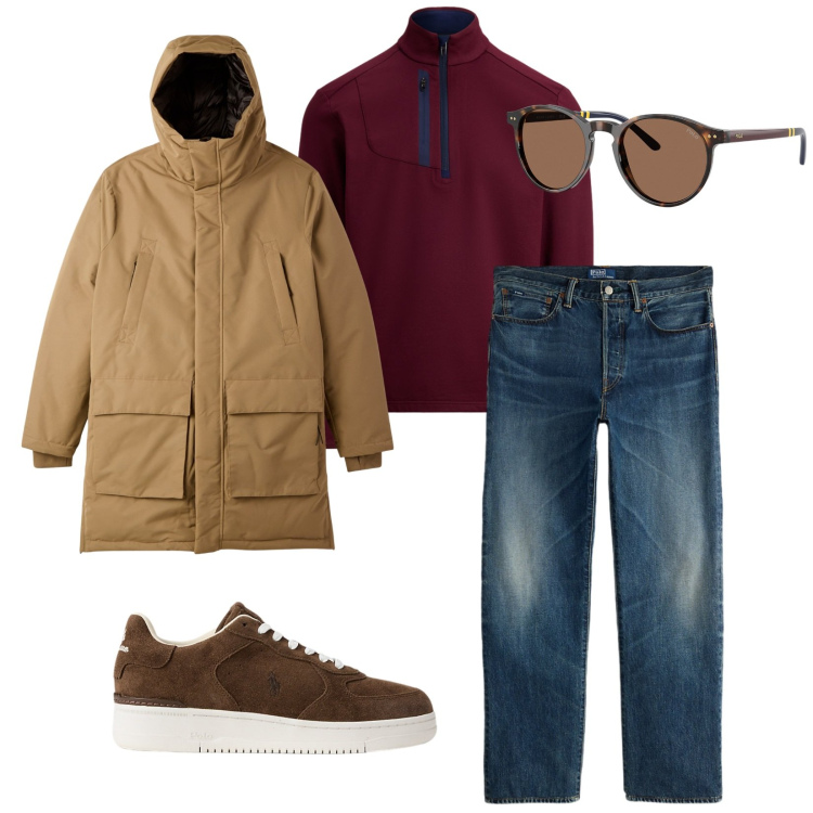 Outfit uomo - Total look #2262524. Stile Casual per Tutti i giorni. Abbinamento con parka, sneakers, pullovers, jeans dritti, occhiali da sole.