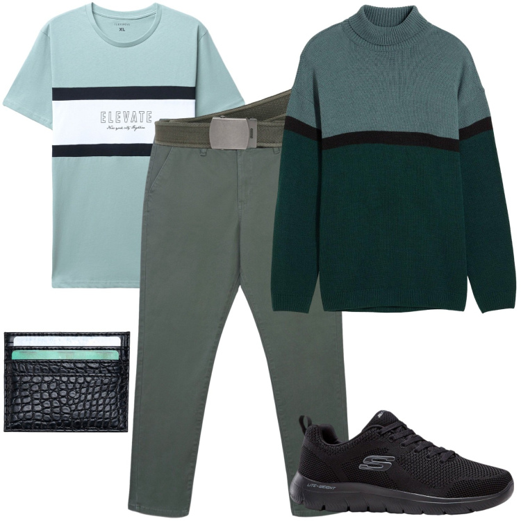 Outfit uomo - Verde natura nella sua totalità. Stile Casual per Tutti i giorni. Abbinamento con sneakers, maglieria, cinture, t-shirt, pantaloni chino, portafogli.
