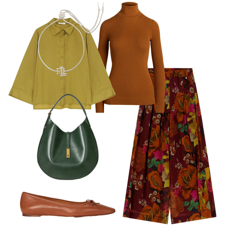 Outfit donna - Total look #2262527. Stile Casual chic per Ufficio. Abbinamento con pantaloni a palazzo, camicie, braccialetti, borse a spalla, ballerine, maglieria.