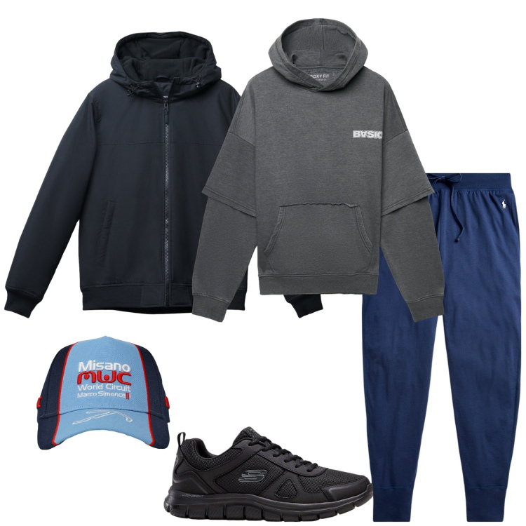 Outfit uomo - Total look #2262528. Stile Casual per Sport. Abbinamento con sneakers, felpe con cappuccio, cappelli, giacche, pantaloni.