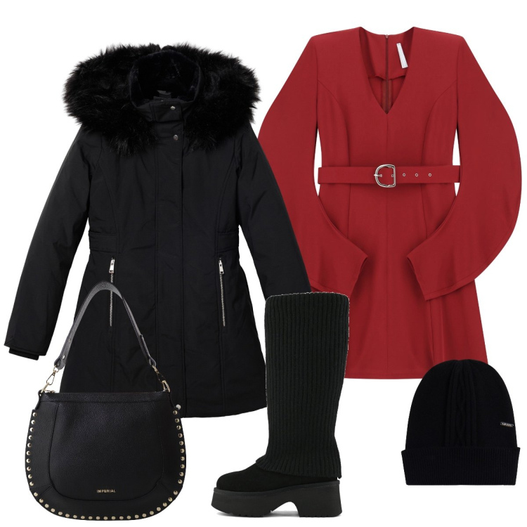 Outfit donna - L’abitino rosso IMPERIAL. Stile Glamour per Tutti i giorni. Abbinamento con parka, vestiti corti, borse a spalla, cappelli, stivali sopra il ginocchio.