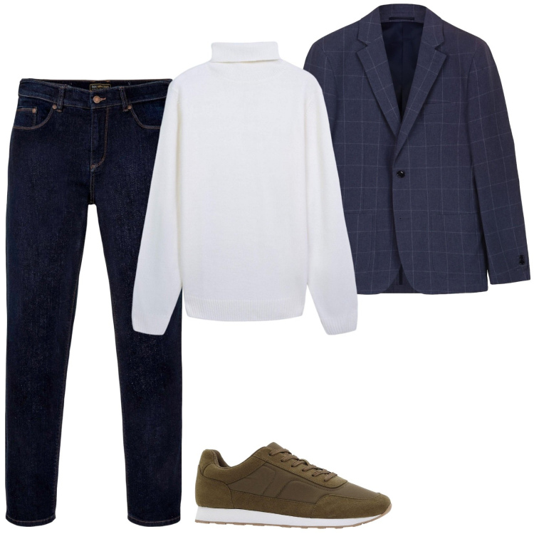 Outfit uomo - Le sneakers intramontabili verde oliva. Stile Casual per Ufficio. Abbinamento con jeans dritti, sneakers, maglieria, giacche.
