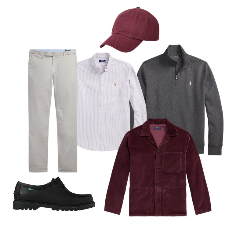Outfit uomo - Smart casual con Polo Ralph Lauren. Stile Trendy per Tutti i giorni. Abbinamento con scarpe stringate, pantaloni chino, cappelli, giacche, pullovers, camicie.