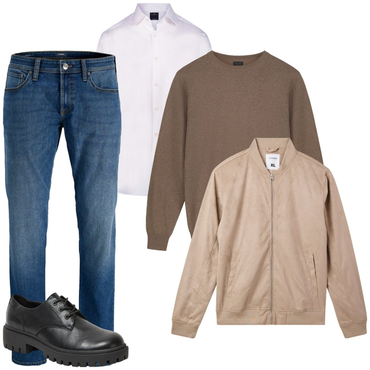 Outfit uomo - Giornata impegnativa. Stile Casual per Ufficio. Abbinamento con jeans, scarpe stringate, bomber, camicie, maglieria.