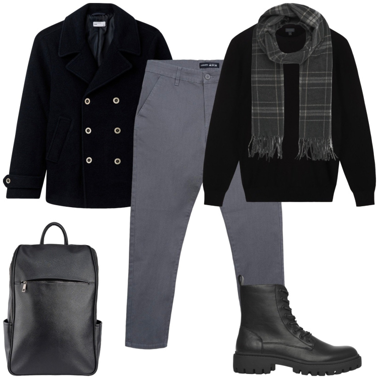 Outfit uomo - Total look #2262537. Stile Casual per Tutti i giorni. Abbinamento con cappotti, pantaloni chino, anfibi, sciarpe, maglieria, borse sportive.