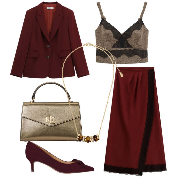 Outfit donna - Total look #2262539. Stile Bon Ton per Cerimonia. Abbinamento con blazer, gonne lunghe, top, collane, décolleté, borse a mano.