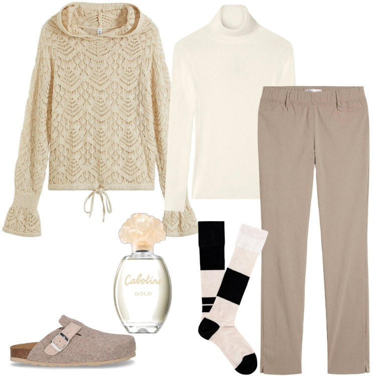 Outfit donna - Il cardigan romantico. Stile Romantica per Tutti i giorni. Abbinamento con maglieria, pantaloni, profumi, maglieria, sabot, calzini.