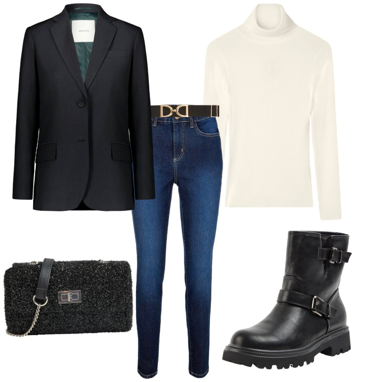 Outfit donna - La propria personalità. Stile Chic per Serata fuori. Abbinamento con jeans skinny, stivaletti, maglieria, borse a tracolla, cinture, blazer.