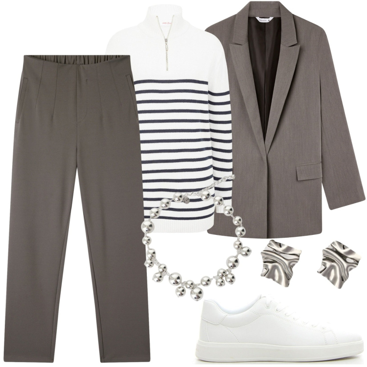 Outfit donna - Giacca e pantaloni marronr scuro. Stile Casual per Ufficio. Abbinamento con maglieria, pantaloni chino, blazer, collane, sneakers, orecchini.