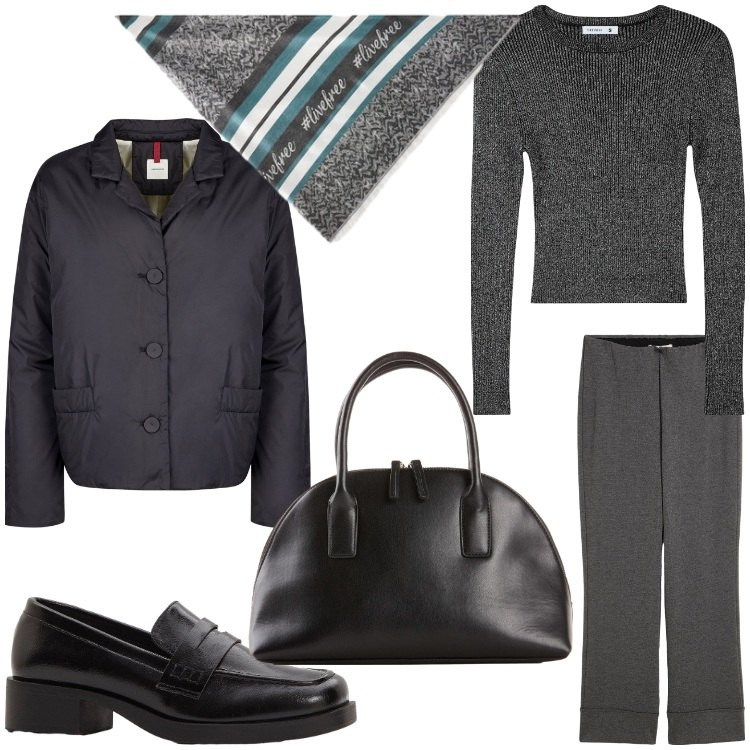 Outfit donna - In grigio in ufficio. Stile Mannish per Ufficio. Abbinamento con mocassini, pantaloni, shopping bag, maglieria, blazer, foulard.