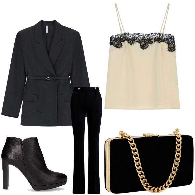 Outfit donna - Nero chic. Stile Chic per Serata fuori. Abbinamento con canottiere, blazer, clutch, pantaloni, stivaletti.