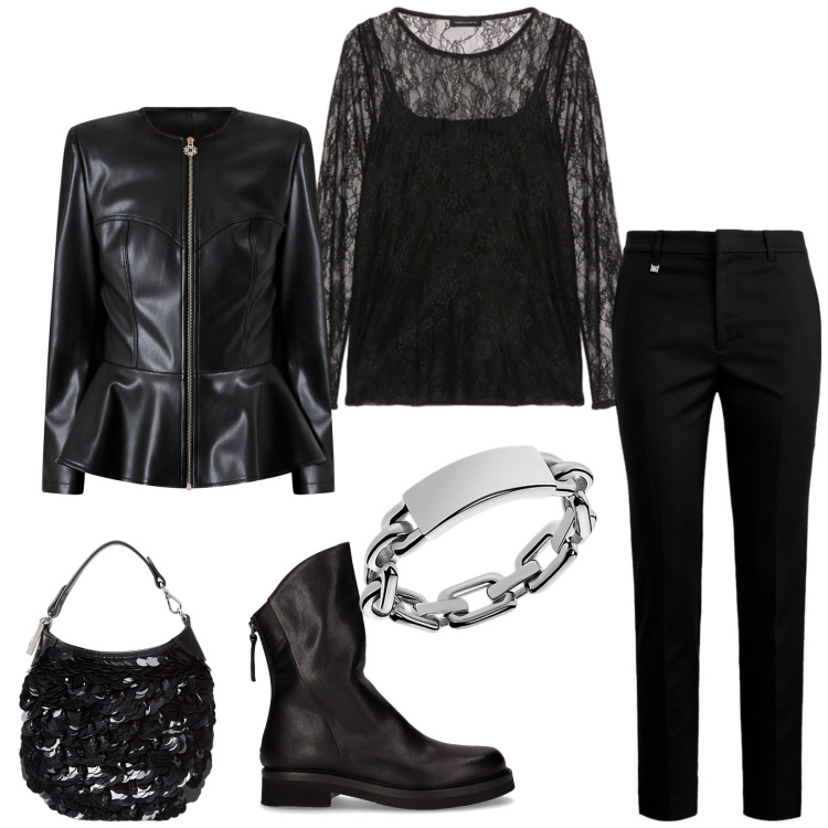 Outfit donna - Total look #2262552. Stile Rock per Serata fuori. Abbinamento con giacche, pantaloni, anelli, pochette, stivaletti, bluse.