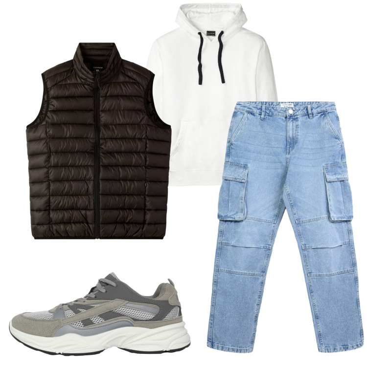 Outfit uomo - Total look #2262554. Stile Casual per Tutti i giorni. Abbinamento con felpe con cappuccio, sneakers, jeans, piumini.
