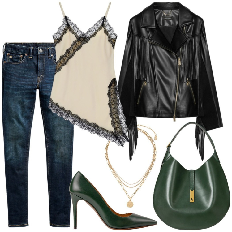 Outfit donna - Total look #2262557. Stile Sexy per Serata fuori. Abbinamento con top, jeans skinny, ciondoli, borse a spalla, décolleté, blazer.