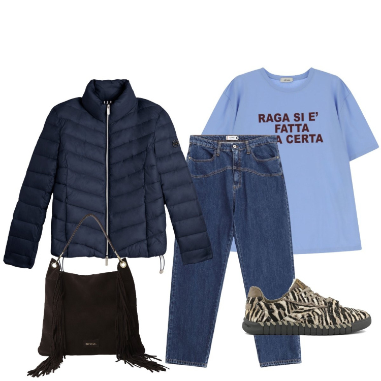 Outfit donna - Uscita con gli amici. Stile Casual per Serata fuori. Abbinamento con jeans, borse a spalla, piumini, t-shirt, sneakers.