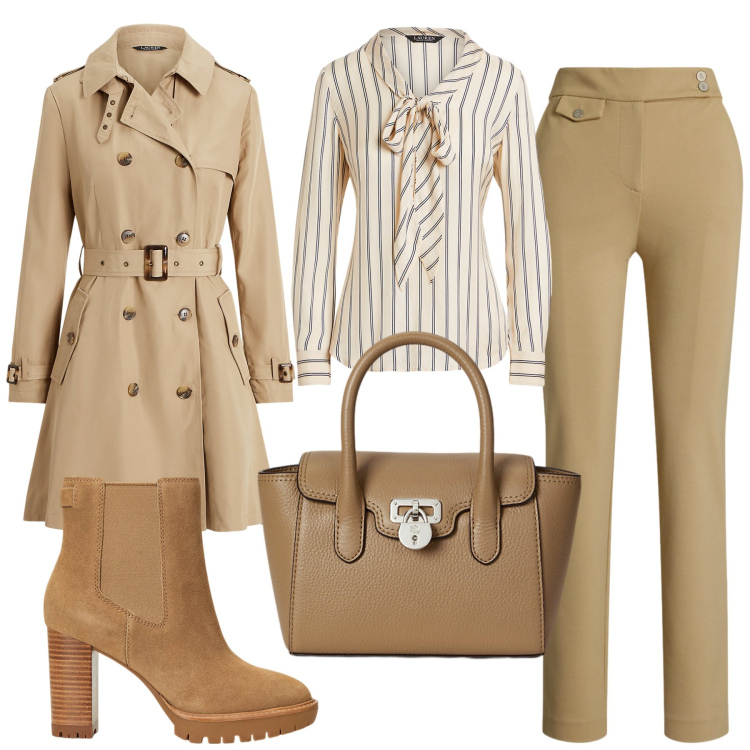 Outfit donna - Total look #2262560. Stile Chic per Ufficio. Abbinamento con stivaletti chelsea, borse a mano, camicie, trench, pantaloni.