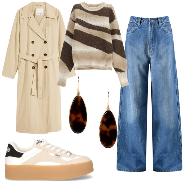 Outfit donna - Total look #2262562. Stile Casual per Scuola/Università. Abbinamento con trench, jeans, pullovers, orecchini, sneakers.