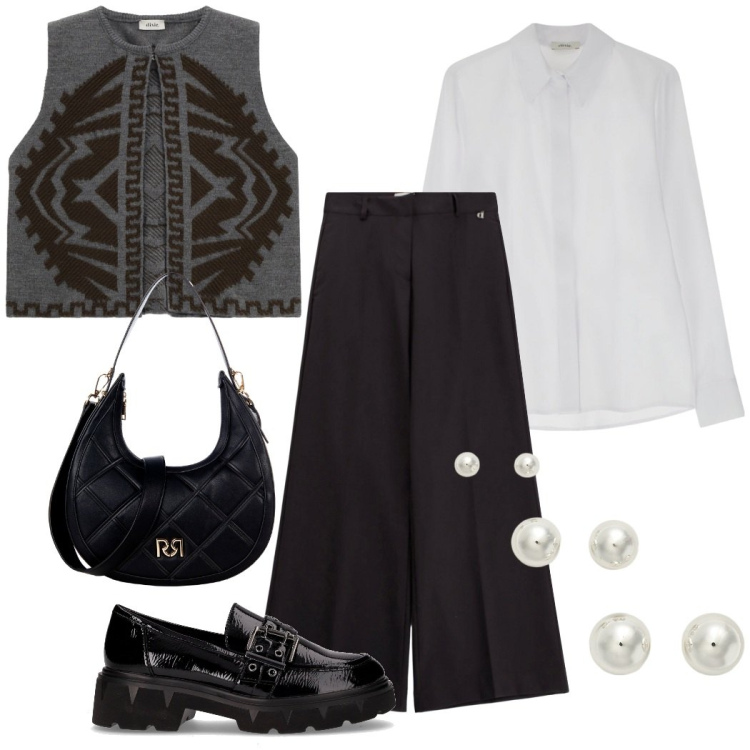 Outfit donna - In ufficio. Stile Casual chic per Ufficio. Abbinamento con pantaloni a palazzo, gilet, camicie, borse a tracolla, orecchini, mocassini.