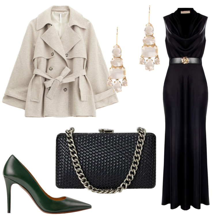 Outfit donna - Total look #2262571. Stile Glamour per Serata fuori. Abbinamento con vestiti lunghi, trench, clutch, décolleté, orecchini.